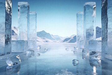 Ice blocks stand on frozen lake with snowy mountains