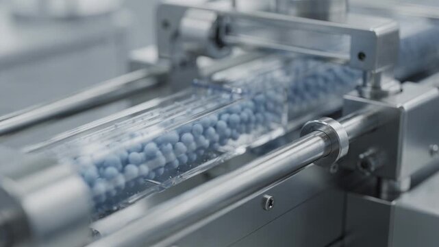 Medium shot of silicacoated magnetic beads flowing through automated coating machinery highlighting precise surface modification for enhanced nucleic acid extraction efficiency.