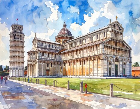 watercolor Leaning Tower of Pisa, Italy