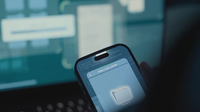 Smartphone showing file transfer or upload interface with laptop screen in background. Hacking, data exfiltration, unauthorized file transfer, cybercrime, information theft, and digital espionage