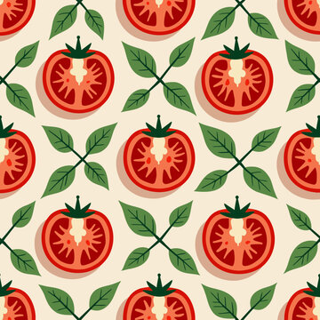 Seamless geometric pattern with sliced red tomatoes and green basil leaves for italian cuisine restaurant menus healthy food packaging and textiles.