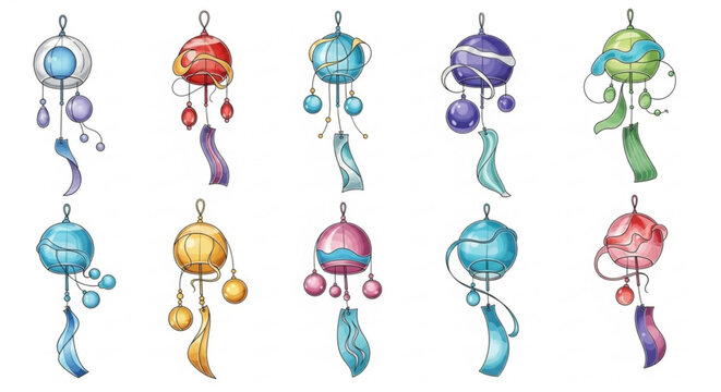 Collection of colorful and decorative Japanese wind chimes, also known as furin, with tassels, hanging outdoors on a sunny day