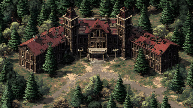 A haunted ruined psychiatric hospital in retro nineties jrpg pixel art style for rpg maker