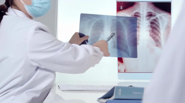 Practitioner doctor checking x-ray image of patient's lungs during health consultation, radiologist analyzing CT scan of patient lungs in hospital office, patient may be suffering from virus cancer