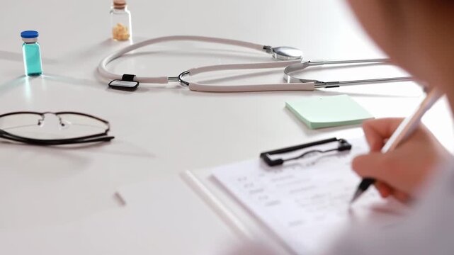 A concentrated female doctor filling out medical report at clipboard with stethoscope lab coat, drug medicine bottle, illustrating healthcare diagnosis and patient record review in hospital or clinic