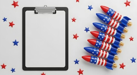 Fototapeta premium Patriotic clip board with american flag rockets and stars