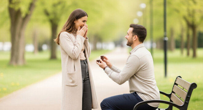 Man proposing to woman with engagement ring in park setting  