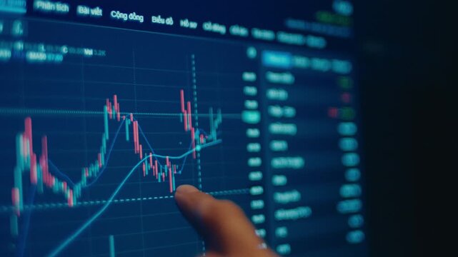 A detailed close-up shot of a trader's finger tracking the movements of a digital candlestick chart on a monitor, highlighting precise market analysis and strategy