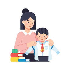 Fototapeta premium Mother helping son get dressed for school.