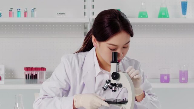 Biotechnology research scientist agronomist studies observes egg white sample under a microscope after dropping it onto a pick, conducting complex science experiments with microscopes glassware