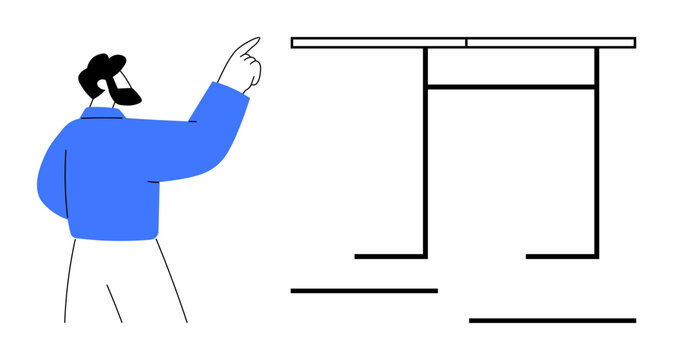 Education, guidance, team collaboration, leadership, presentations, architectural concept. A man pointing to a structural frame. Guidance and education in a minimalist style