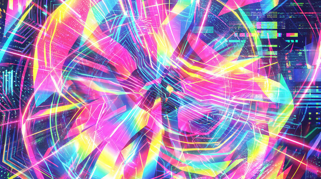 Y2k retro geometric digital background design. Abstract retro maximalist banner with bright glowing lines and elements in motion.
