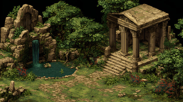 A mysterious ruined swamp temple in retro nineties jrpg pixel art style for rpg maker stages