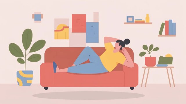 Geometric character relaxing at home in a minimal lifestyle scene. Flat vector design emphasizing comfort, calm, and modern minimalist home living.
