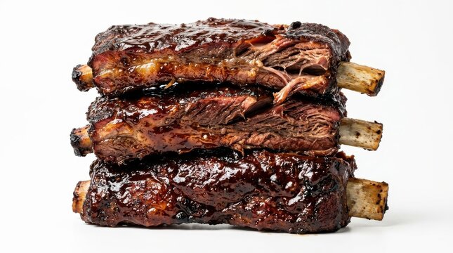 Stack of delicious, juicy, slow-cooked beef short ribs glazed in a rich, dark barbecue sauce, presented on a clean white background