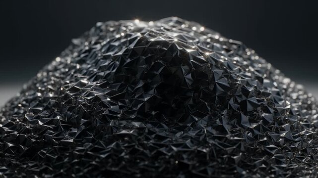 Sparkling black polygonal pile, reflecting light, with a dark blurred background