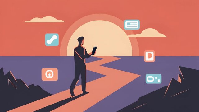 Geometric character using a smartphone with minimal UI icons. Flat vector design emphasizing modern digital interaction, clean interface, and minimalistic tech style.
