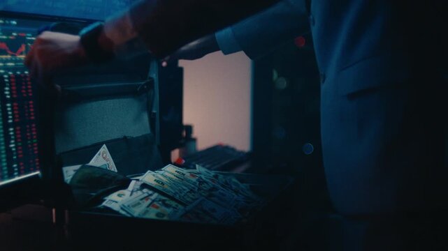 A cinematic shot of a professional investor's hands reaching into an open briefcase filled with bundles of one hundred dollar bills, set against a backdrop of financial data screens