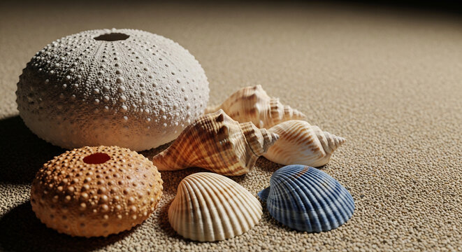 砂浜の白いウニと貝殻