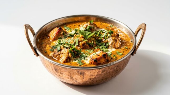 Delicious Indian Chicken Tikka Masala served in a traditional copper bowl, garnished with fresh cilantro, ready to be enjoyed