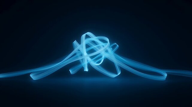 Glowing cyan light ribbons twist and tangle centrally on a deep blue-black background