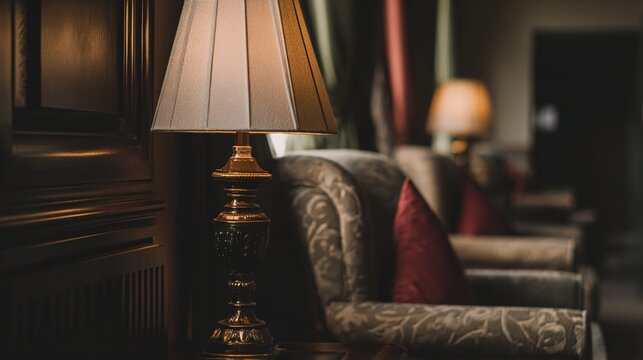 guest. An elegant hotel interior with soft lighting and luxurious furnishings in a blurred background. real-estate listings.