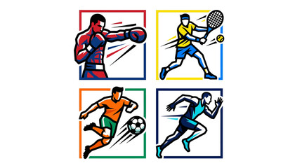 Fototapeta premium Bold geometric sports icon collection. Dynamic vector illustrations of athletes for boxing, tennis, soccer, running.