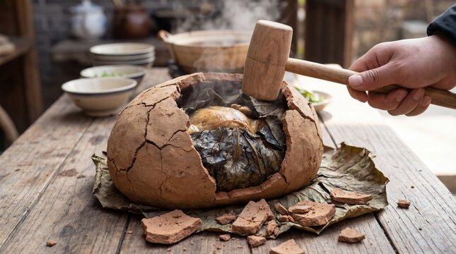 Breaking the Clay Crust to Reveal Steaming Beggar's Chicken