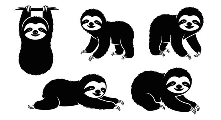 Fototapeta premium Set of Black Sloth Silhouettes in Various Poses on White Background
