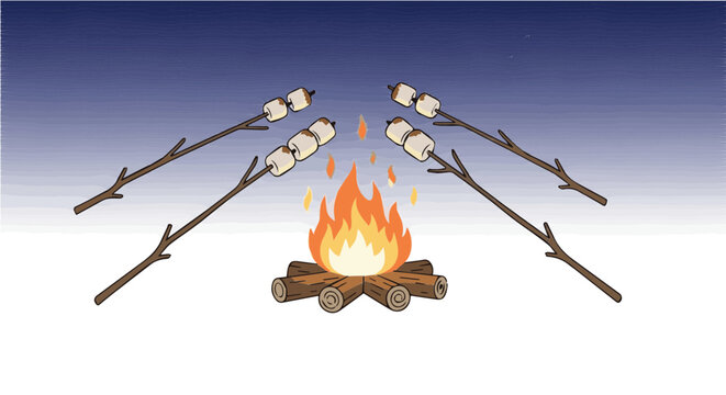 Vibrant cartoon vector illustration of cozy campfire with marshmallows roasting on sticks over flickering flames at night
