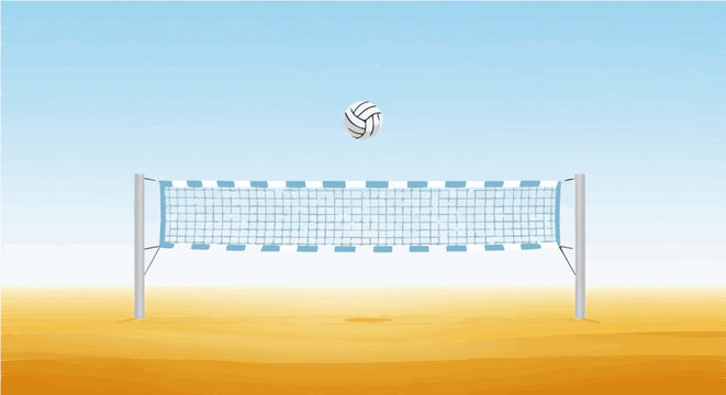 Vibrant cartoon vector illustration of summer volleyball game net with ball in air on sandy beach under blue sky