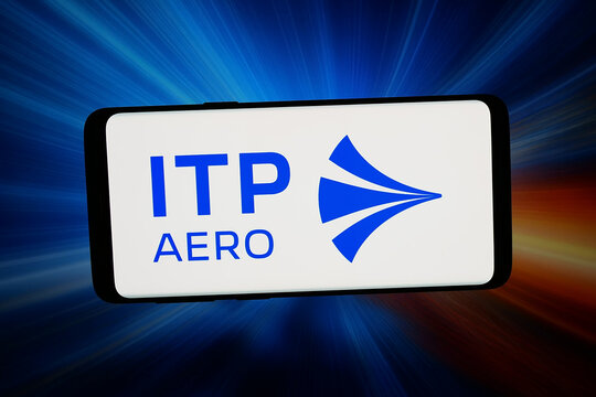 Stuttgart, Germany - 03-16-2026: In this photo illustration, the logo of Spanish aircraft engine company ITP Aero is displayed on a smartphone in front of abstract background on computer screen.