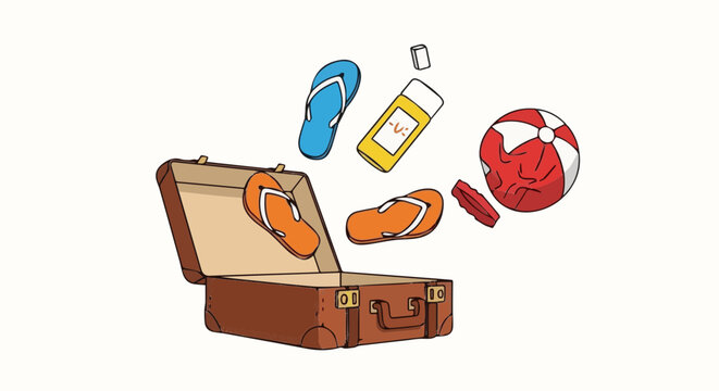 Vibrant cartoon vector illustration of open brown packed vacation suitcase with flip flops sunscreen lotion and beach ball items exploding out