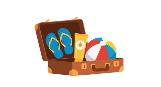Vibrant cartoon vector illustration of open brown vacation suitcase filled with blue flip flops yellow sunscreen tube and colorful beach ball