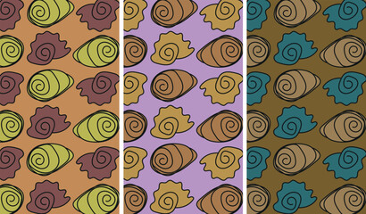 Fototapeta premium Set of seamless hand-drawn seashell patterns. Abstract marine designs in three colorful variations