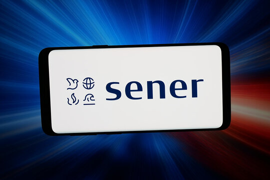 Stuttgart, Germany - 03-16-2026: In this photo illustration, the logo of Spanish company Sener Grupo de Ingenieria is displayed on a smartphone in front of abstract background on computer screen.