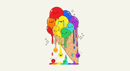 Fototapeta premium Happy rainbow ice cream cone with face colorful balloons and melting drips cartoon vector illustration
