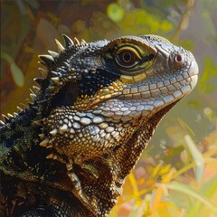 Obraz premium A close-up of a reptile's head with scaly skin and spiky back