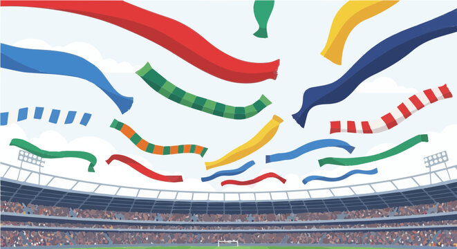 Vibrant stadium scene with long colorful ribbons and TAAN TAAN banner flying cartoon vector illustration
