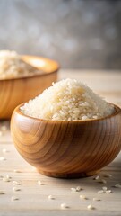 Fototapeta premium A photo of clean raw rice in a wooden bowl against a white background, showcasing the natural texture and aroma of Japanese cuisine