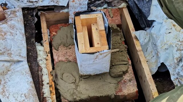 Hand applying mortar, building a chimney flue section for renovation, Worker cementing brickwork and formwork, creating a chimney structure, focusing on hearth repair