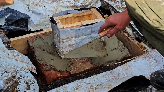 Worker troweling cement adding new brick layer to residential chimney structure