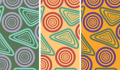 Fototapeta premium Seamless abstract geometric spiral pattern with triangle and circle shapes in retro vibrant color palette of orange yellow green and purple, modern minimal vector style