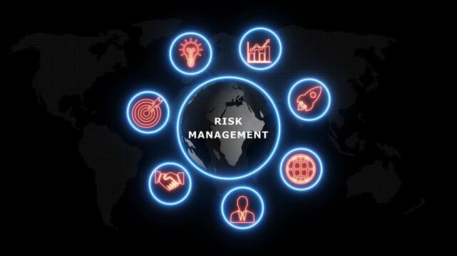 shows glowing neon line banner of RISK MANAGEMENT concept with icons of business, responsibility, customers, integrity, goals, teamwork, commitment and innovation .4k video animation