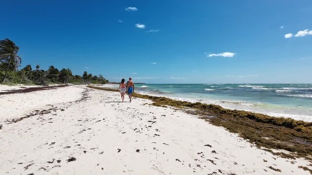 A couple vacationing holding hands walking on a Tulum beach with white sand and sargassum washed ashore. Turquoise Caribbean waves with natural tropical beach scenery.
