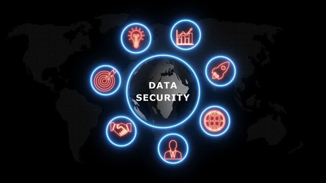 shows glowing neon line banner of DATA SECURITY concept with icons of business, responsibility, customers, integrity, goals, teamwork, commitment and innovation .4k video animation