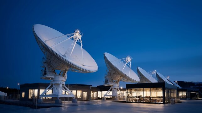Satellite ground station antenna farm at twilight, multiple white dishes angled toward darkening sky, communication signals visualization overlay, operators inside control building, ideal for
