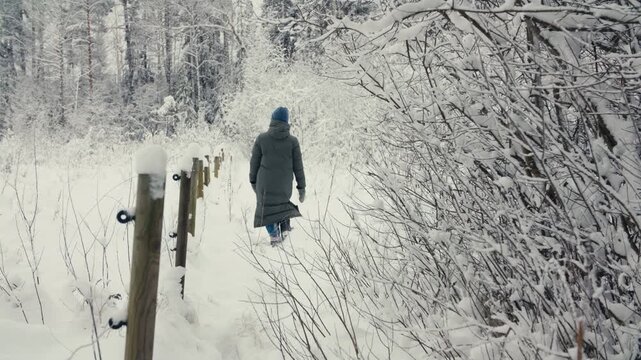 Medium wide shot from behind of a person walking a narrow snowy path beside a fence, soft overcast light, muted Nordic winter mood.
