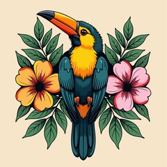 Fototapeta premium Colorful tropical toucan bird illustration sitting among exotic flowers and green leaves for jungle nature concepts and vibrant summer aesthetic graphic design.