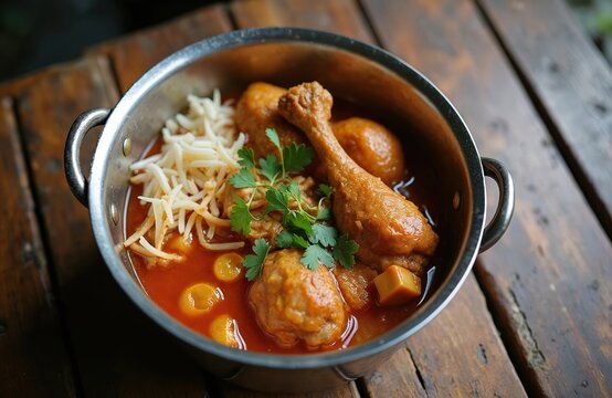 Savory gudeg manggar served in metal pot with chicken drumstick meatballs. Young jackfruit stew with coconut milk and spices. Indonesian cuisine from Yogyakarta.